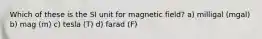 Which of these is the SI unit for magnetic field? a) milligal (mgal) b) mag (m) c) tesla (T) d) farad (F)