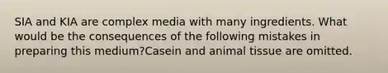 SIA and KIA are complex media with many ingredients. What would be the consequences of the following mistakes in preparing this medium?Casein and animal tissue are omitted.