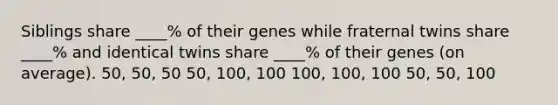 Siblings share ____% of their genes while fraternal twins share ____% and identical twins share ____% of their genes (on average). 50, 50, 50 50, 100, 100 100, 100, 100 50, 50, 100