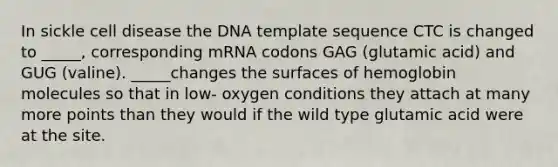 In sickle cell disease the DNA template sequence CTC is changed to _____, corresponding mRNA codons GAG (glutamic acid) and GUG (valine). _____changes the surfaces of hemoglobin molecules so that in low- oxygen conditions they attach at many more points than they would if the wild type glutamic acid were at the site.