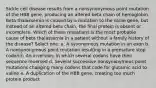 Sickle cell disease results from a nonsynonymous point mutation of the HBB gene, producing an altered beta chain of hemoglobin. Beta thalassemia is caused by a mutation to the same gene, but instead of an altered beta chain, the final protein is absent or incomplete. Which of these mutations is the most probable cause of beta thalassemia in a patient without a family history of the disease? Select one: a. A synonymous mutation in an exon b. A nonsynonymous point mutation resulting in a premature stop codon c. An inversion, in which several codons have their sequence reversed d. Several successive nonsynonymous point mutations changing many codons that code for glutamic acid to valine e. A duplication of the HBB gene, creating too much protein product