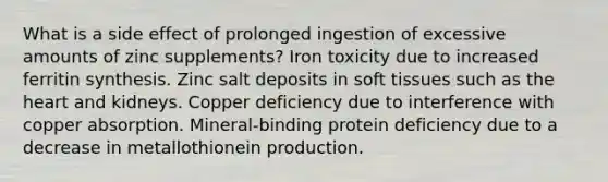 What is a side effect of prolonged ingestion of excessive amounts of zinc supplements?​ ​Iron toxicity due to increased ferritin synthesis.​ ​Zinc salt deposits in soft tissues such as the heart and kidneys. ​Copper deficiency due to interference with copper absorption. ​Mineral-binding protein deficiency due to a decrease in metallothionein production.