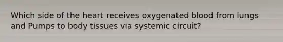 Which side of the heart receives oxygenated blood from lungs and Pumps to body tissues via systemic circuit?