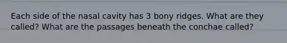 Each side of the nasal cavity has 3 bony ridges. What are they called? What are the passages beneath the conchae called?