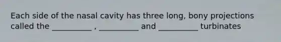 Each side of the nasal cavity has three long, bony projections called the __________ , __________ and __________ turbinates
