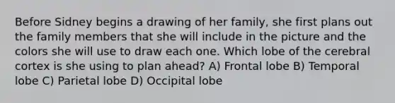 Before Sidney begins a drawing of her family, she first plans out the family members that she will include in the picture and the colors she will use to draw each one. Which lobe of the cerebral cortex is she using to plan ahead? A) Frontal lobe B) Temporal lobe C) Parietal lobe D) Occipital lobe