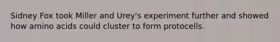 Sidney Fox took Miller and Urey's experiment further and showed how <a href='https://www.questionai.com/knowledge/k9gb720LCl-amino-acids' class='anchor-knowledge'>amino acids</a> could cluster to form protocells.