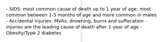 - SIDS: most common cause of death up to 1 year of age; most common between 1-5 months of age and more common in males - Accidental injuries: MVAs, drowning, burns and suffocation - injuries are the leading cause of death after 1 year of age - Obesity/Type 2 diabetes