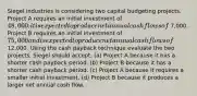 Siegel industries is considering two capital budgeting projects. Project A requires an initial investment of 48,000. it is expected to produce net annual cash flows of 7,000. Project B requires an initial investment of 75,000 and is expected to produce net annual cash flows of12,000. Using the cash payback technique evaluate the two projects, Siegel should accept: (a) Project A because it has a shorter cash payback period. (b) Project B because it has a shorter cash payback period. (c) Project A because it requires a smaller initial investment. (d) Project B because it produces a larger net annual cash flow.