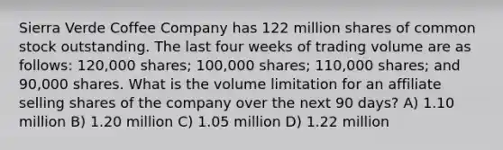 Sierra Verde Coffee Company has 122 million shares of common stock outstanding. The last four weeks of trading volume are as follows: 120,000 shares; 100,000 shares; 110,000 shares; and 90,000 shares. What is the volume limitation for an affiliate selling shares of the company over the next 90 days? A) 1.10 million B) 1.20 million C) 1.05 million D) 1.22 million