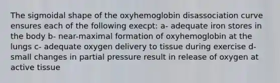 The sigmoidal shape of the oxyhemoglobin disassociation curve ensures each of the following execpt: a- adequate iron stores in the body b- near-maximal formation of oxyhemoglobin at the lungs c- adequate oxygen delivery to tissue during exercise d- small changes in partial pressure result in release of oxygen at active tissue