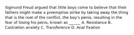 Sigmund Freud argued that little boys come to believe that their fathers might make a preemptive strike by taking away the thing that is the root of the conflict, the boy's penis, resulting in the fear of losing his penis, known as ______ A. Resistance B. Castration anxiety C. Transference D. Anal fixation