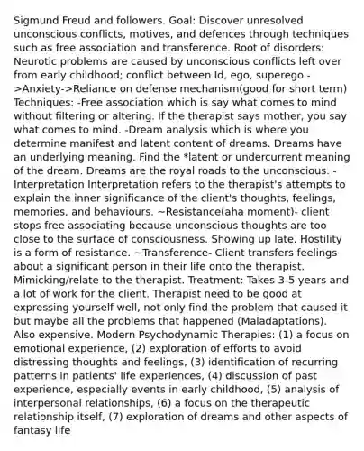 <a href='https://www.questionai.com/knowledge/keM8yXuXCE-sigmund-freud' class='anchor-knowledge'>sigmund freud</a> and followers. Goal: Discover unresolved unconscious conflicts, motives, and defences through techniques such as free association and transference. Root of disorders: Neurotic problems are caused by unconscious conflicts left over from early childhood; conflict between Id, ego, superego ->Anxiety->Reliance on defense mechanism(good for short term) Techniques: -Free association which is say what comes to mind without filtering or altering. If the therapist says mother, you say what comes to mind. -<a href='https://www.questionai.com/knowledge/kWPIsQVIbG-dream-analysis' class='anchor-knowledge'>dream analysis</a> which is where you determine manifest and latent content of dreams. Dreams have an underlying meaning. Find the *latent or undercurrent meaning of the dream. Dreams are the royal roads to the unconscious. -Interpretation Interpretation refers to the therapist's attempts to explain the inner significance of the client's thoughts, feelings, memories, and behaviours. ~Resistance(aha moment)- client stops free associating because unconscious thoughts are too close to the surface of consciousness. Showing up late. Hostility is a form of resistance. ~Transference- Client transfers feelings about a significant person in their life onto the therapist. Mimicking/relate to the therapist. Treatment: Takes 3-5 years and a lot of work for the client. Therapist need to be good at expressing yourself well, not only find the problem that caused it but maybe all the problems that happened (Maladaptations). Also expensive. Modern Psychodynamic Therapies: (1) a focus on emotional experience, (2) exploration of efforts to avoid distressing thoughts and feelings, (3) identification of recurring patterns in patients' life experiences, (4) discussion of past experience, especially events in early childhood, (5) analysis of interpersonal relationships, (6) a focus on the <a href='https://www.questionai.com/knowledge/kPaI18RTvU-therapeutic-relationship' class='anchor-knowledge'>therapeutic relationship</a> itself, (7) exploration of dreams and other aspects of fantasy life