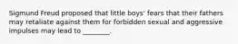 Sigmund Freud proposed that little boys' fears that their fathers may retaliate against them for forbidden sexual and aggressive impulses may lead to ________.