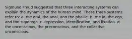 Sigmund Freud suggested that three interacting systems can explain the dynamics of the human mind. These three systems refer to: a. the oral, the anal, and the phallic. b. the id, the ego, and the superego. c. repression, identification, and fixation. d. the unconscious, the preconscious, and the collective unconscious.