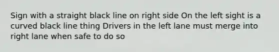 Sign with a straight black line on right side On the left sight is a curved black line thing Drivers in the left lane must merge into right lane when safe to do so