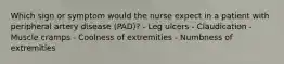 Which sign or symptom would the nurse expect in a patient with peripheral artery disease (PAD)? - Leg ulcers - Claudication - Muscle cramps - Coolness of extremities - Numbness of extremities