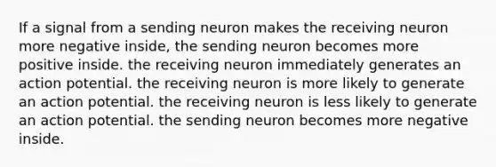 If a signal from a sending neuron makes the receiving neuron more negative inside, the sending neuron becomes more positive inside. the receiving neuron immediately generates an action potential. the receiving neuron is more likely to generate an action potential. the receiving neuron is less likely to generate an action potential. the sending neuron becomes more negative inside.