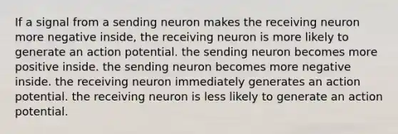 If a signal from a sending neuron makes the receiving neuron more negative inside, the receiving neuron is more likely to generate an action potential. the sending neuron becomes more positive inside. the sending neuron becomes more negative inside. the receiving neuron immediately generates an action potential. the receiving neuron is less likely to generate an action potential.