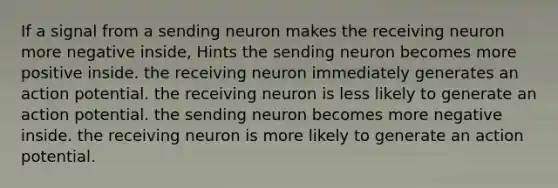 If a signal from a sending neuron makes the receiving neuron more negative inside, Hints the sending neuron becomes more positive inside. the receiving neuron immediately generates an action potential. the receiving neuron is less likely to generate an action potential. the sending neuron becomes more negative inside. the receiving neuron is more likely to generate an action potential.