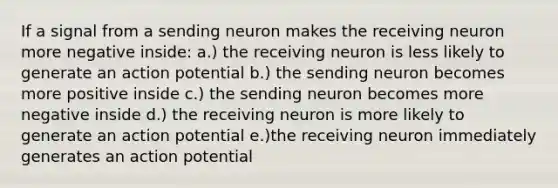 If a signal from a sending neuron makes the receiving neuron more negative inside: a.) the receiving neuron is less likely to generate an action potential b.) the sending neuron becomes more positive inside c.) the sending neuron becomes more negative inside d.) the receiving neuron is more likely to generate an action potential e.)the receiving neuron immediately generates an action potential