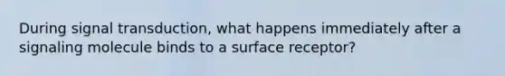 During signal transduction, what happens immediately after a signaling molecule binds to a surface receptor?