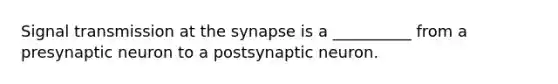 Signal transmission at the synapse is a __________ from a presynaptic neuron to a postsynaptic neuron.