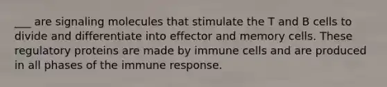 ___ are signaling molecules that stimulate the T and B cells to divide and differentiate into effector and memory cells. These regulatory proteins are made by immune cells and are produced in all phases of the immune response.