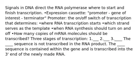 Signals in DNA direct the RNA polymerase where to start and finish transcription. •Expression cassette: "promoter - gene of interest - terminator" Promoter: the on/off switch of transcription that determines: •where RNA transcription starts •which strand serves as the template •when RNA synthesis should turn on and off •How many copies of mRNA molecules should be transcribed? Three stages of transcription: 1.___ 2.___ 3.____ The ____ sequence is not transcribed in the RNA product. The ____ sequence is contained within the gene and is transcribed into the 3' end of the newly made RNA.