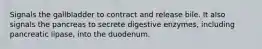 Signals the gallbladder to contract and release bile. It also signals the pancreas to secrete digestive enzymes, including pancreatic lipase, into the duodenum.