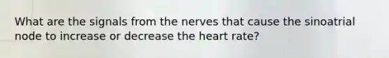 What are the signals from the nerves that cause the sinoatrial node to increase or decrease the heart rate?