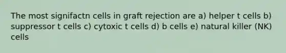 The most signifactn cells in graft rejection are a) helper t cells b) suppressor t cells c) cytoxic t cells d) b cells e) natural killer (NK) cells