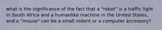 what is the significance of the fact that a "robot" is a traffic light in South Africa and a humanlike machine in the United States, and a "mouse" can be a small rodent or a computer accessory?