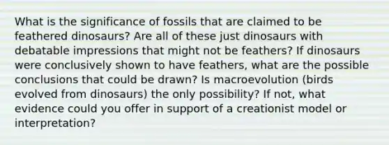 What is the significance of fossils that are claimed to be feathered dinosaurs? Are all of these just dinosaurs with debatable impressions that might not be feathers? If dinosaurs were conclusively shown to have feathers, what are the possible conclusions that could be drawn? Is macroevolution (birds evolved from dinosaurs) the only possibility? If not, what evidence could you offer in support of a creationist model or interpretation?