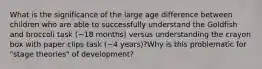 What is the significance of the large age difference between children who are able to successfully understand the Goldfish and broccoli task (~18 months) versus understanding the crayon box with paper clips task (~4 years)?Why is this problematic for "stage theories" of development?