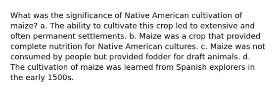 What was the significance of Native American cultivation of maize? a. The ability to cultivate this crop led to extensive and often permanent settlements. b. Maize was a crop that provided complete nutrition for Native American cultures. c. Maize was not consumed by people but provided fodder for draft animals. d. The cultivation of maize was learned from Spanish explorers in the early 1500s.