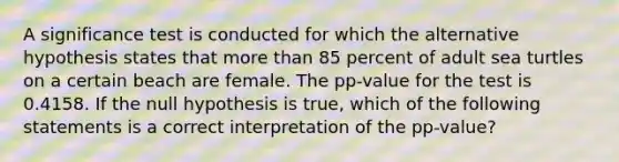 A significance test is conducted for which the alternative hypothesis states that more than 85 percent of adult sea turtles on a certain beach are female. The pp-value for the test is 0.4158. If the null hypothesis is true, which of the following statements is a correct interpretation of the pp-value?