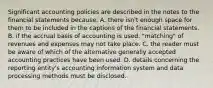 Significant accounting policies are described in the notes to the financial statements because: A. there isn't enough space for them to be included in the captions of the financial statements. B. if the accrual basis of accounting is used, "matching" of revenues and expenses may not take place. C. the reader must be aware of which of the alternative generally accepted accounting practices have been used. D. details concerning the reporting entity's accounting information system and data processing methods must be disclosed.