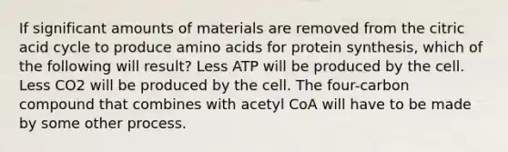 If significant amounts of materials are removed from the citric acid cycle to produce amino acids for protein synthesis, which of the following will result? Less ATP will be produced by the cell. Less CO2 will be produced by the cell. The four-carbon compound that combines with acetyl CoA will have to be made by some other process.