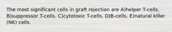 The most significant cells in graft rejection are A)helper T-cells. B)suppressor T-cells. C)cytotoxic T-cells. D)B-cells. E)natural killer (NK) cells.