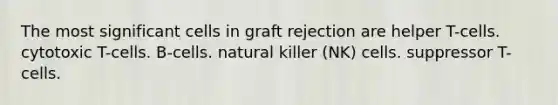 The most significant cells in graft rejection are helper T-cells. cytotoxic T-cells. B-cells. natural killer (NK) cells. suppressor T-cells.