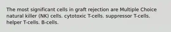 The most significant cells in graft rejection are Multiple Choice natural killer (NK) cells. cytotoxic T-cells. suppressor T-cells. helper T-cells. B-cells.