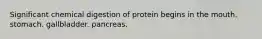 Significant chemical digestion of protein begins in the mouth. stomach. gallbladder. pancreas.