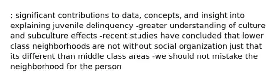 : significant contributions to data, concepts, and insight into explaining juvenile delinquency -greater understanding of culture and subculture effects -recent studies have concluded that lower class neighborhoods are not without social organization just that its different than middle class areas -we should not mistake the neighborhood for the person