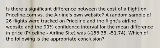 Is there a significant difference between the cost of a flight on Priceline.com vs. the Airline's own website? A random sample of 26 flights were tracked on Priceline and the flight's airline website and the 90% confidence interval for the mean difference in price (Priceline - Airline Site) was (-156.35, -51.74). Which of the following is the appropriate conclusion?