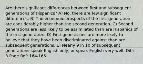 Are there significant differences between first and subsequent generations of Hispanics? A) No, there are few significant differences. B) The economic prospects of the first generation are considerably higher than the second generation. C) Second generations are less likely to be assimilated than are Hispanics of the first generation. D) First generations are more likely to believe that they have been discriminated against than are subsequent generations. E) Nearly 9 in 10 of subsequent generations speak English only, or speak English very well. Diff: 3 Page Ref: 164-165.