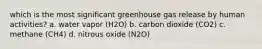 which is the most significant greenhouse gas release by human activities? a. water vapor (H2O) b. carbon dioxide (CO2) c. methane (CH4) d. nitrous oxide (N2O)