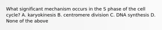 What significant mechanism occurs in the S phase of the cell cycle? A. karyokinesis B. centromere division C. DNA synthesis D. None of the above