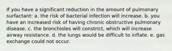 If you have a significant reduction in the amount of pulmonary surfactant: a. the risk of bacterial infection will increase. b. you have an increased risk of having chronic obstructive pulmonary disease. c. the bronchioles will constrict, which will increase airway resistance. d. the lungs would be difficult to inflate. e. <a href='https://www.questionai.com/knowledge/kU8LNOksTA-gas-exchange' class='anchor-knowledge'>gas exchange</a> could not occur.