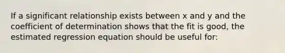 If a significant relationship exists between x and y and the coefficient of determination shows that the fit is good, the estimated regression equation should be useful for: